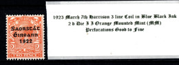 1923 March 7th Harrison 3 Line Coil In Blue Black Ink, 2d Die II Orange  Mounted Mint (MM) - Nuevos