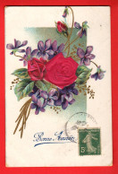 EBM-11 RARE Bonne Année Bouquet De Fleurs, Roses, Violettes. Art Nouveau Jugendstil. Gaufré .Circulé  - Neujahr