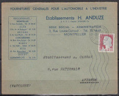 Mne De DECARIS 25c  Sur Lettre Pub " AUTOMOBILE "  Postée à  CLERMONT L'HERAULT   Le 24 10 1960  Pour AVIGNON - 1960 Marianne De Decaris