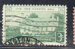 USA STATI UNITI 1958 GUNSTON HALL ISSUE VIRGINIA CENT 3c USED USATO OBLITERE' - Andere & Zonder Classificatie