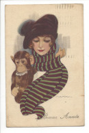 31652 - Nanni Bonne Année Femme Chapeau écharpe Et Singe Circulée 1920 - Nanni