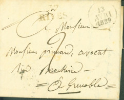 Isère Marque Postale Noire 37 RIVES (23x11) Dateur 13 AVRIL 1829 Taxe Manuscrite 2 Pour Grenoble - 1801-1848: Precursors XIX