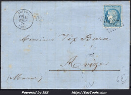 FRANCE N°60A SUR LETTRE GC 3467 SUIPPES MARNE + CAD DU 19/08/1872 - 1871-1875 Ceres