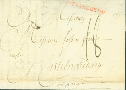 Lyonnais 69 Rhône Marque Postale V FRANCHE D.B Rouge Lenain I9 (60 €) 3 6 1789 Taxe Manuscrite 18 Pour Castelnaudary - 1701-1800: Precursors XVIII