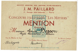 J.M. Paillard Couleurs- Concours 1945-1946 " Les Métiers" Mention Décernée Juin 1946, Lycée Lamartine Macon (71) - Diplômes & Bulletins Scolaires