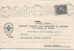 Portugal , 1955 ,  SINDICATO ESCRITÓRIOS SETUBAL , Cristo Rei Slogan  Postmark , Commercial Postcard - Portugal