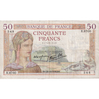 France, 50 Francs, Cérès, 1938, R.8700, TB+, Fayette:18.16, KM:85b - 50 F 1934-1940 ''Cérès''