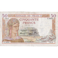 France, 50 Francs, Cérès, 1939, U.9551, TB+, Fayette:18.21, KM:85b - 50 F 1934-1940 ''Cérès''