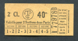 Ticket De Tramways Parisiens 1922-1924 (STCRP) 2e Classe 40c - Paris" Chemin De Fer - Tramway - Tram - Europe