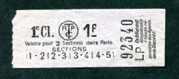 Ticket De Tramways Parisiens 1921 à 1938 (STCRP) 1e Classe 1f - Paris" Tramway - Tram - Europe