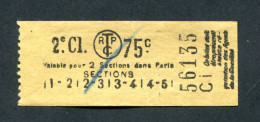 Ticket De Tramways Parisiens 1921 à 1938 (STCRP) 2e Classe 75c - Paris" Tramway - Tram - Europa