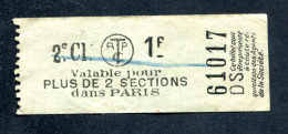 Ticket De Tramways Parisiens 1921 à 1938 (STCRP) 2e Classe 1f - Paris" Tramway - Tram - Europe