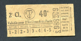 Ticket De Tramways Parisiens 1921 à 1938 (STCRP) Extra-Muros 2e Classe 40c - Paris" Tramway - Tram - Europe