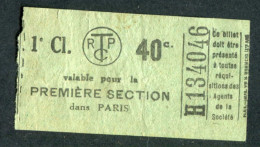 Ticket De Tramways Parisiens 1921 à 1938 (STCRP) 1e Classe 40c - Paris" Chemin De Fer - Tramway - Tram - Europe