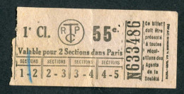 Ticket De Tramways Parisiens 1921 à 1938 (STCRP) 1e Classe 55c - Paris" Tramway - Tram - Europe