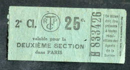 Ticket De Tramways Parisiens 1921 à 1938 (STCRP) 2e Classe 25c - Paris" Tramway - Tram - Europa