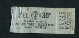 Ticket De Tramways Parisiens 1922-1924 (STCRP) 2e Classe 30c - Paris" Tramway - Tram + Pub Nicolas - Europe