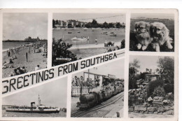 REAL PHOTOGRAPHIC POSTCARD GREETINGS FROM SOUTHSEA - MULTI-VIEW - WITH MINIATURE RAILWAY - FERRY - CANOE LAKE - ETC - Southsea