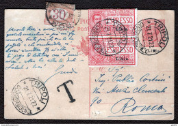 Libia 1922 Espresso 25c. Coppia Su Cart.postale 10c. Tassata Con 30c. (Sass.Libia Ex1) Da Trpoli 21/7/21 A Roma VF/F - Libyen