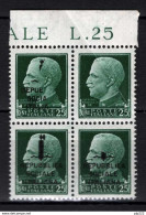 Italia  Repubblica Sociale 1944 25c. Quartina Con VarietÃ  Inedita (Sass.491) **/MNH VF - Cert.Enzo Diena - Nuovi