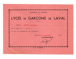 Petit Diplôme Des Félicitations Par Le Proviseur Du Lycée De Garçons De Laval à Laval En 1941 - Format : 17.5x12.5 Cm - Diplômes & Bulletins Scolaires