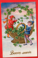 EBM-37  Bonne Année. Enfants Et Corbeille De Trèfles à Quatre, Fer à Cheval Art Nouveau. Jugendstil. Circulé 1937 - Neujahr