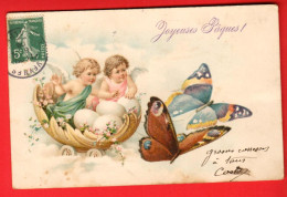 EBM-39  Joyeuses Pâques, Anges Et Oeufs, Papillons.  Art Nouveau. Jugendstil. Circulé 1908. Dos Simple - Ostern