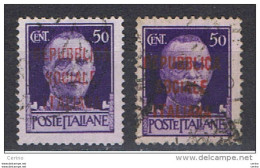 R.S.I. VARIETA':  1944  -  50 C. VIOLETTO  US. -  SOPRASTAMPE  DIVERSAMENTE  INCHIOSTRATE  -  SASS. 493 - Used