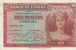 SPAIN 10 PESETAS 1935 P-86  VF - 10 Pesetas