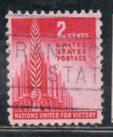 USA STATI UNITI 1943 ALLIED NATIONS ISSUE ALLEGORY OF VICTORY CENT 2c USED USATO OBLITERE' - Usados