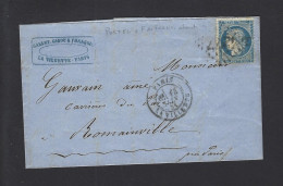 LETTRE 1869 N° 60 OBL PARIS VARIÉTÉ POSTFS Et F De FRANCE ABSENT - 1849-1876: Klassik