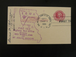 Entier Postal Stationery Card Highway Post Office First Trip Des Moines St-Joseph USA 1952  - 1941-60