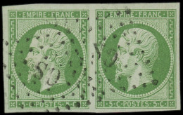 O FRANCE - Poste - 12, Paire Horizontale, Très Belles Marges, Cachet "CS", Signé Cotin: 5c. Vert - 1853-1860 Napoleon III