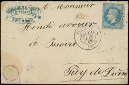 LET FRANCE - Poste - 29Bb, "à La Corne" Sur Lettre Du 20/6/69: 20c. Bleu - 1849-1876: Période Classique