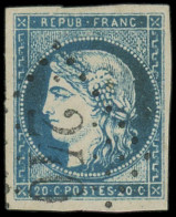 O FRANCE - Poste - 44Aa, Type I Report 1, Belles Marges, Signé Brun Et Roumet: 20c. Bleu Foncé - 1870 Bordeaux Printing