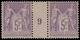 * FRANCE - Poste - 95, Paire Millésime "9", Signée Brun: 5f. Violet Sur Lilas - 1876-1898 Sage (Type II)