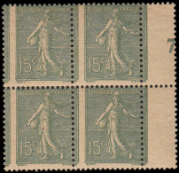 ** FRANCE - Poste - 130, Type IV, Bloc De 4, Piquage à Cheval, Bdf Millésime "7": 15c. Semeuse Lignée Papier GC (Spink) - Unused Stamps