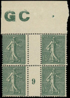 ** FRANCE - Poste - 130j, Bloc De 4, Millésime"9" Avec Manchette GC: 15c. Semeuse Lignée Vert - Unused Stamps
