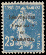 (*) FRANCE - Poste - 140, Surcharge Non Encadrée "Réoccupation Française Alsace": 25c. Semeuse Bleu (Spink 2H) - Neufs