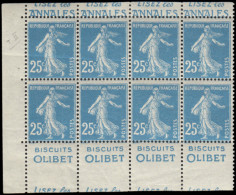 ** FRANCE - Poste - 140e Type II, Bloc De 8 De Carnet "Annales-Olibet", 1 Paire * + Pli De Gomme: 25c. Semeuse Bleu (Spi - Ongebruikt