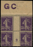 * FRANCE - Poste - 142, Bloc De 4 Millésime "9", Manchette GC Chamois: 35c. Semeuse Violet. - Nuevos