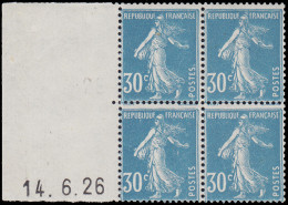 ** FRANCE - Poste - 192c, Bloc De 4, Cd à Gauche (roulette) 14/6/26 (Bdf *): 30c. Semeuse Bleu, Certificat Robineau - RR - Unused Stamps