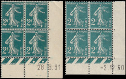 ** FRANCE - Poste - 239, 2 Blocs De 4, 2/11/30 Et 28/3/31, Complet: 2f. Semeuse Vert - Unused Stamps