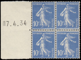 * FRANCE - Poste - 279a, Type IV,  Bloc De 4, Bdf  Gauche Daté 7/4/34 (1 Ex. *): 10c. Semeuse Bleu - Ungebraucht