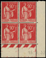 ** FRANCE - Poste - 285, Bloc De 4 Cd 13/8/32 (* Sur Bdf): 90c. Paix Rouge - Ungebraucht