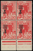 ** ALGERIE - Poste - 158a, Bloc De 4 Surcharge Renversée, Bdf: 1f. Sur 90c. Rouge - Unused Stamps
