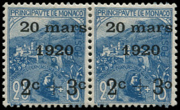 * MONACO - Poste - 35b, Paire, 1 Exemplaire "C" Renversé, Signé Brun, Très Beau: 2+3/25+15c. Bleu, Certificat Photo. - Other & Unclassified