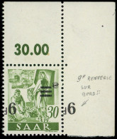 ** SARRE - Poste - 224b, Surcharge Renversée, Bdf, Signé; 9f. Sur 30pf. Vert-jaune - Unused Stamps