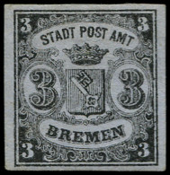 (*) ALL.  BREME - Poste - 1aB, Type II, Vergé Vertical, Bien Margé, Signé Brun: 3g. Noir Sur Azuré - Bremen