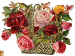 CHROMO DECOUPIS >> CORBEILLE DE ROSES ROUGES & ROSES > DIM. 9.5CM S/7CM -BON ETAT -REF-CHR-DEC-N°2-FLEURS - Fiori